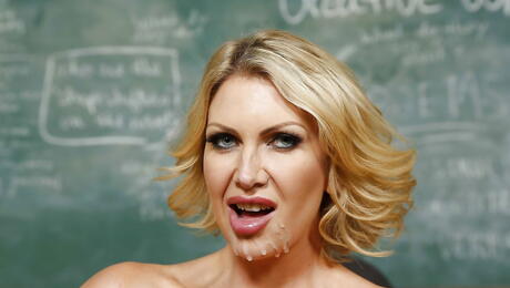 Delightful brittish milf Leigh Darby in nice skirt blowing big rod and enjoys a cumshot on her face 